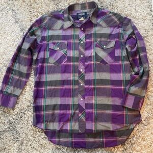 Wrangler Men 17x34 x-long cowboy fit, purple/gray Plaid Shirt, pearl‎ snaps